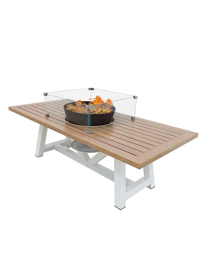 NABCO - Light Rectangular Wood-Burning Fire Pit Table for Patio – 160x80x52 cm, Multi-Functional Outdoor Dining Table with Fire Pit Center, Robust for Garden or Backyard, Natural Teak/White - Image 1