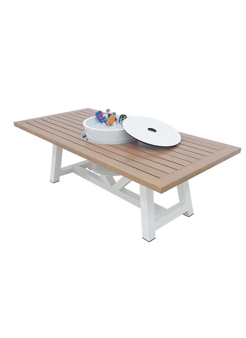 NABCO - Light Rectangular Wood-Burning Fire Pit Table for Patio – 160x80x52 cm, Multi-Functional Outdoor Dining Table with Fire Pit Center, Robust for Garden or Backyard, Natural Teak/White - Image 1