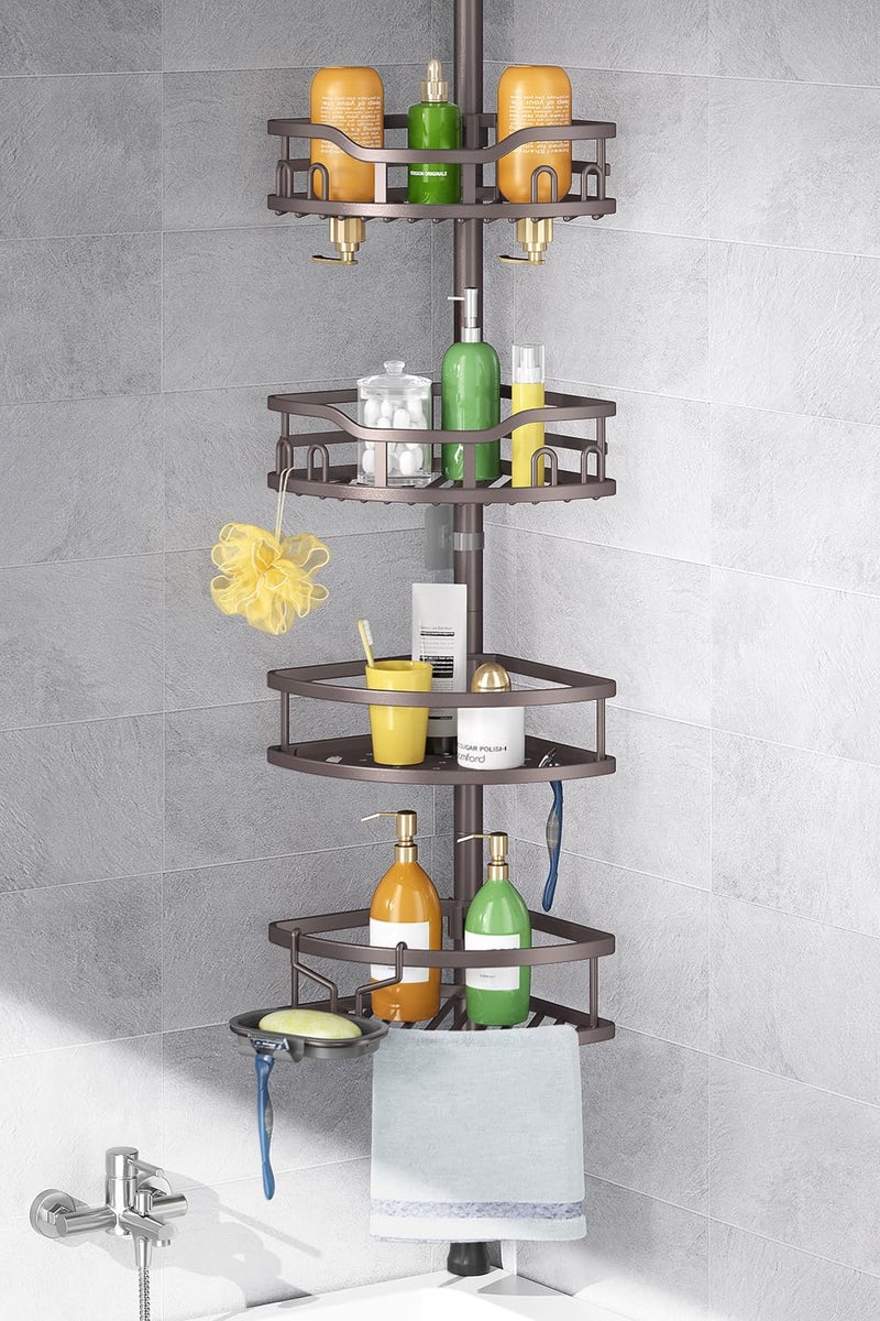 HAMITOR Corner Shower Caddy Tension Pole: Rustproof Stable 4-Tier Bathroom Organizer Shelves for Bathtub Shampoo Storage - 47-121 Inch Quick Install Adjustable Standing Rack with Soap Rack - Bronze - Image 1
