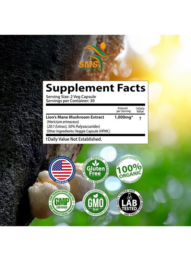 SMSHEALTHPRODUCTS.com Lion's Mane Mushroom Cognition Capsules (60 Capsules) Lions Mane Mushroom Powder Extract Capsules | Brain Supplement, Brain Vitamins, Focus Supplement - Image 2