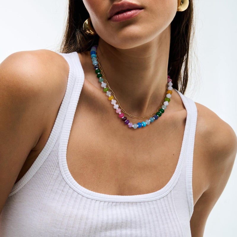 KissYan Beaded Necklaces for Women, Colorful Boho Bead Choker With Bubble Puffy Heart Pendant, Natural Stone Rainbow Necklaces Summer Surfer Beach Handmade Jewelry Gift (Gold Heart) - Image 3
