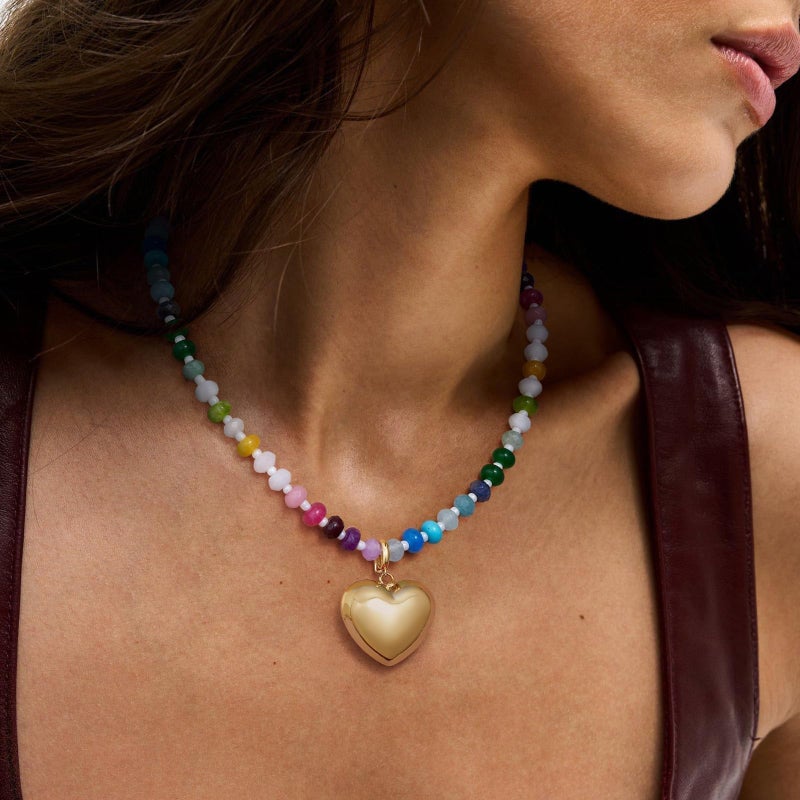 KissYan Beaded Necklaces for Women, Colorful Boho Bead Choker With Bubble Puffy Heart Pendant, Natural Stone Rainbow Necklaces Summer Surfer Beach Handmade Jewelry Gift (Gold Heart) - Image 2