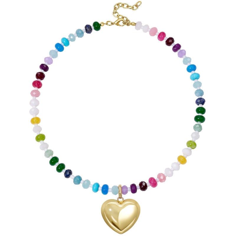 KissYan Beaded Necklaces for Women, Colorful Boho Bead Choker With Bubble Puffy Heart Pendant, Natural Stone Rainbow Necklaces Summer Surfer Beach Handmade Jewelry Gift (Gold Heart) - Image 1