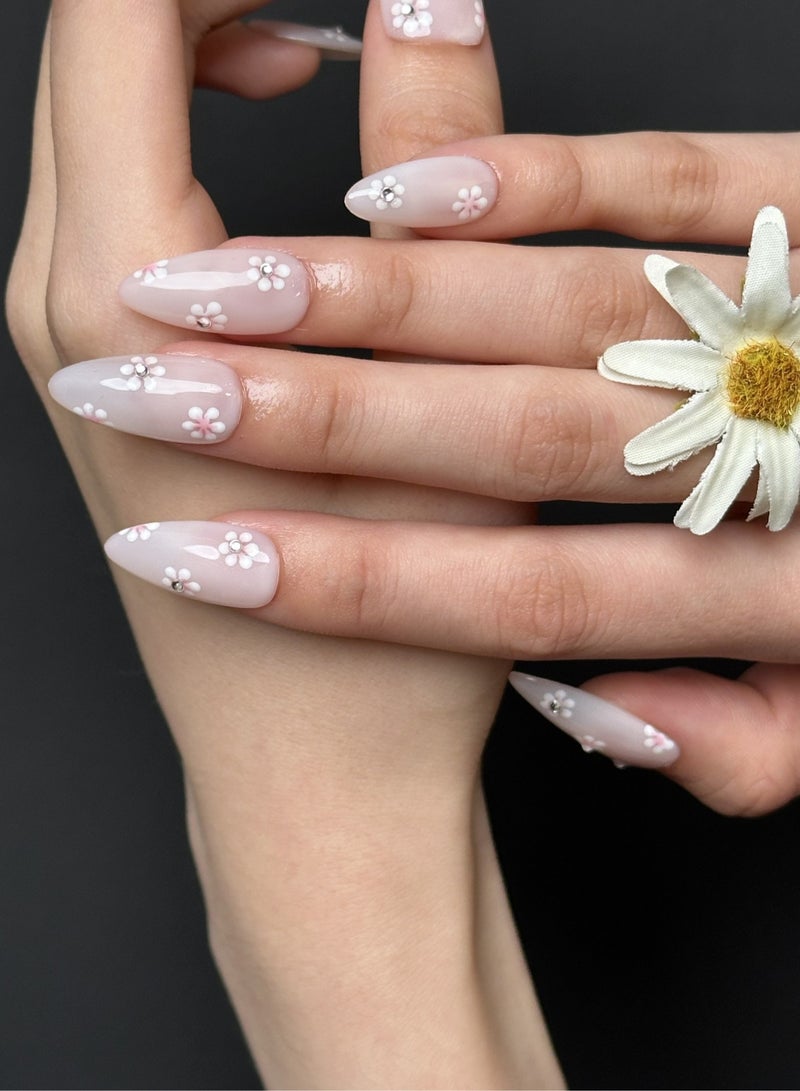 جوسكوين أظافر اصطناعية، أظافر مزيفة 10 قطع، أظافر مصنوعة يدويًا بالكامل مع مجموعة غراء، لون أبيض مزين بزهور مكسورة وألماس، بتصميم لوزي، قابلة لإعادة الاستخدام للنساء. - Image 3