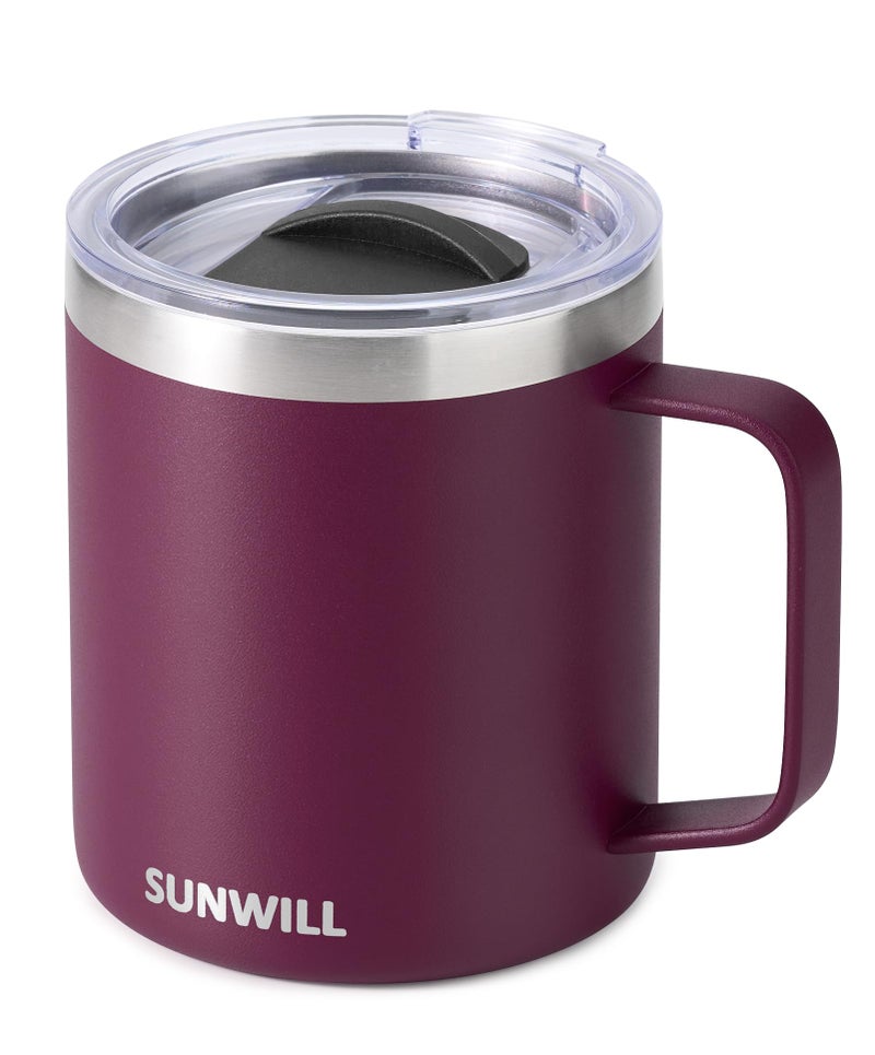 SUNWILL Travel Coffee Mug with Lid Insulated Tumbler with Handle 14 oz Stainless Steel Cup for Camping Office Home Powder Coated Plum