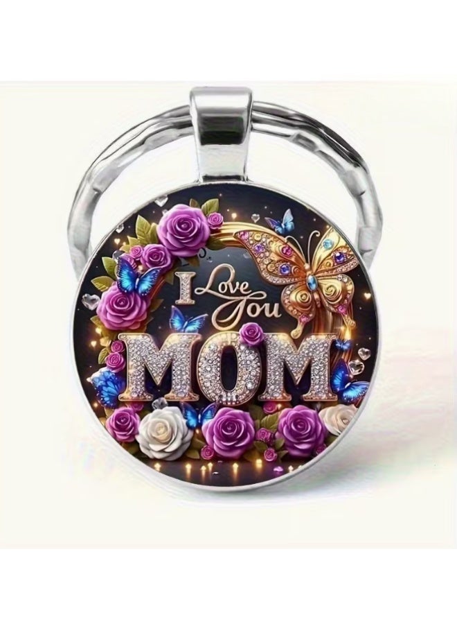 Keychain for Mother "I Love You Mom",design with purple and white roses and with blue and gold butterflies - Image 1