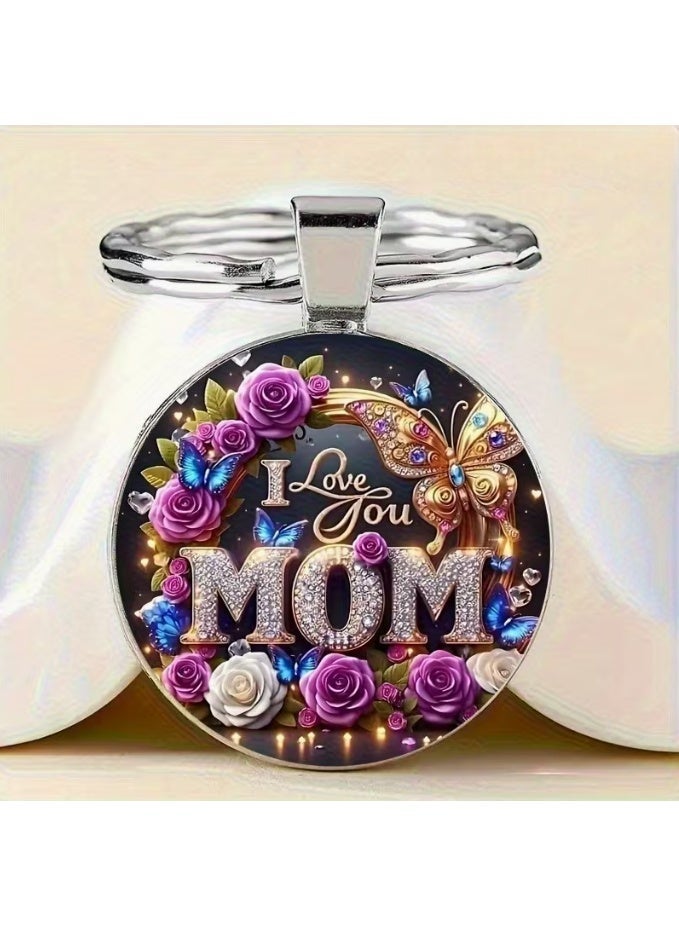 Keychain for Mother "I Love You Mom",design with purple and white roses and with blue and gold butterflies - Image 2
