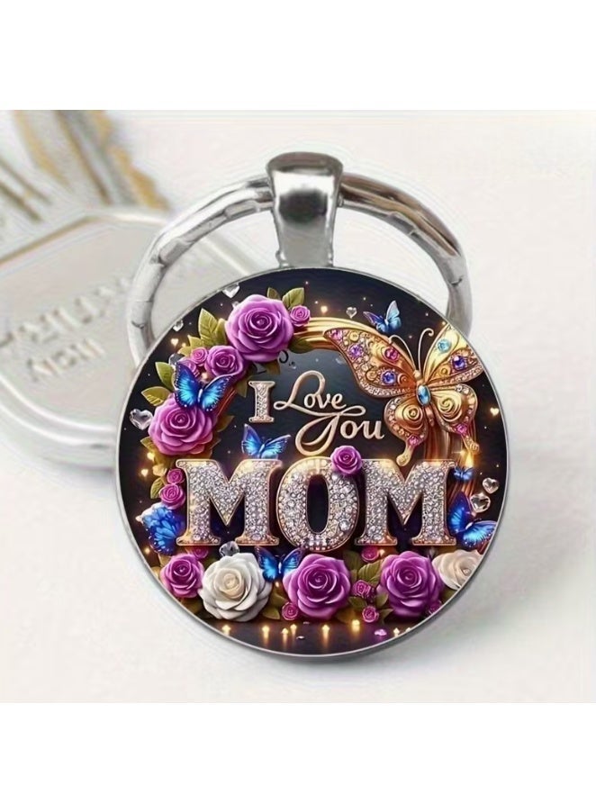 Keychain for Mother "I Love You Mom",design with purple and white roses and with blue and gold butterflies - Image 3