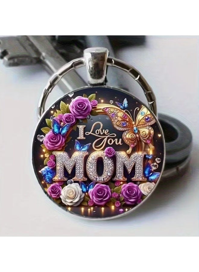 Keychain for Mother "I Love You Mom",design with purple and white roses and with blue and gold butterflies - Image 4