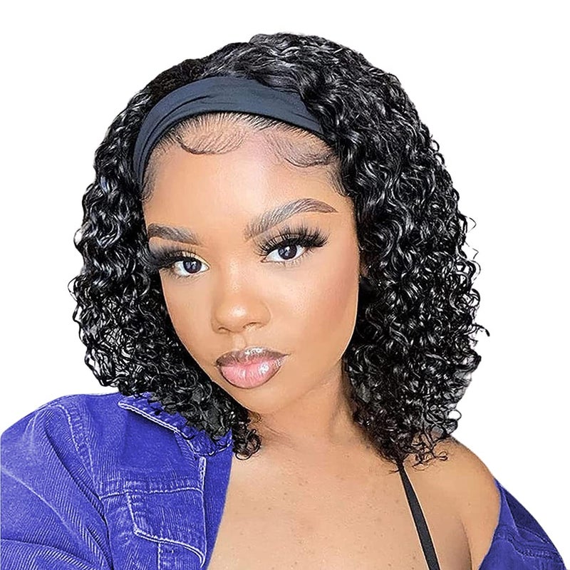 JCL Curly Headband Wig Human Hair 180 Density 12 Inch Headband Wigs for Black Women Deep Wave None Lace Front Wigs Human Hair Wear and Go Glueless Wig Natural Color