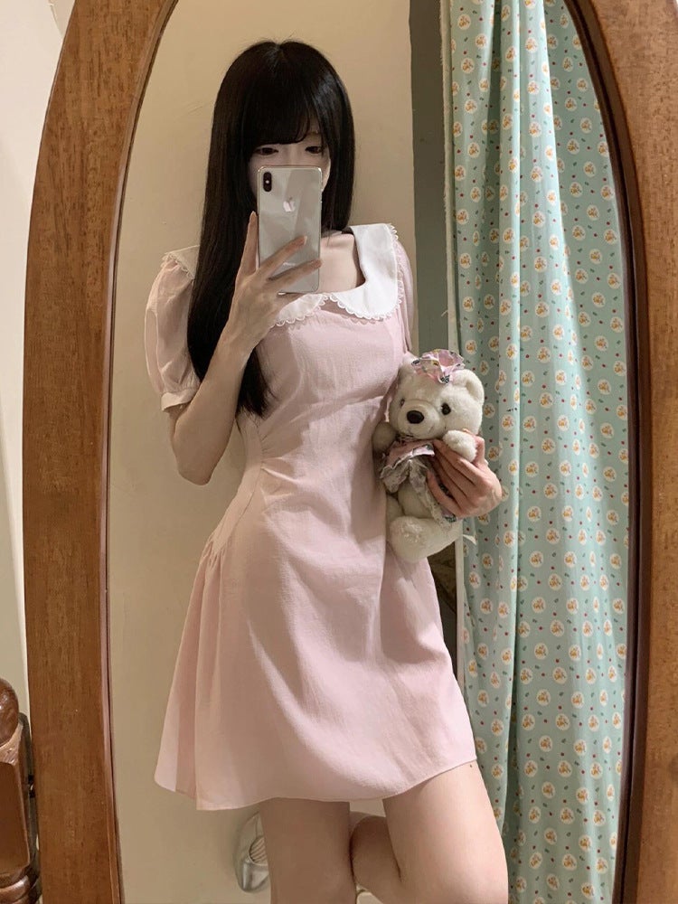 First love pure sweet milk good dopamine wear French temperament socialite doll collar pink short sleeve dress Pink dress 