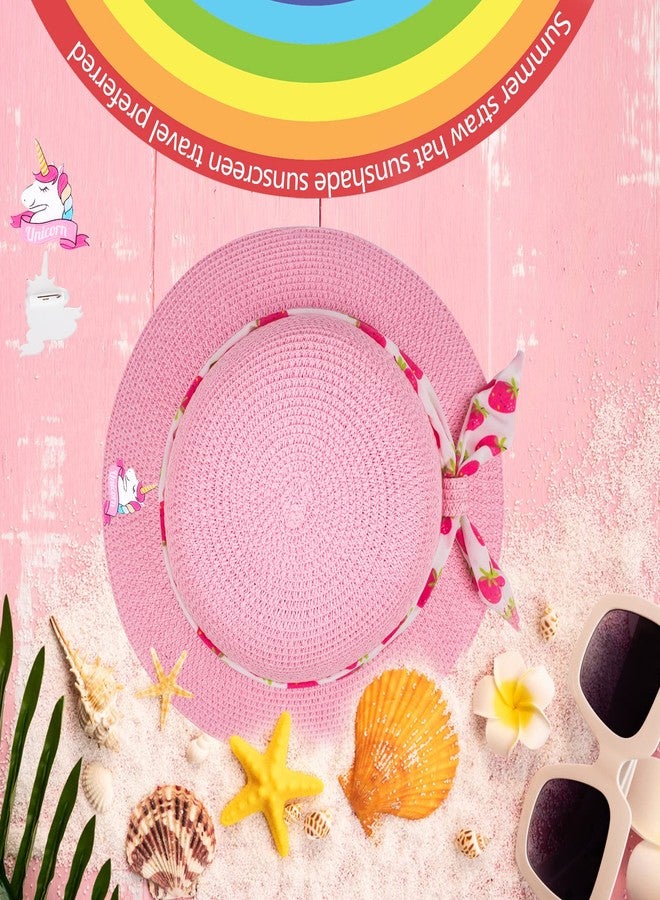 FENELY Girls Sun Straw Hat Kids Summer Beach Packable Hats Pink Cute Floppy Wide Brim UV Protection Cap Adjustable Size with Chin Strap for Toddler Baby Childrens Little Girl Ages 5 6 7 8 9 10 Years - Image 4