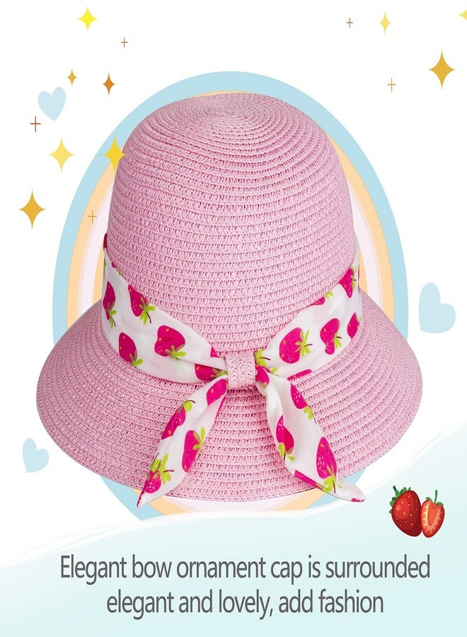FENELY Girls Sun Straw Hat Kids Summer Beach Packable Hats Pink Cute Floppy Wide Brim UV Protection Cap Adjustable Size with Chin Strap for Toddler Baby Childrens Little Girl Ages 5 6 7 8 9 10 Years - Image 3