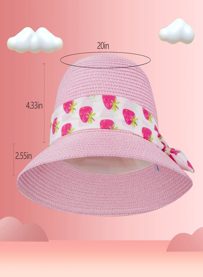 FENELY Girls Sun Straw Hat Kids Summer Beach Packable Hats Pink Cute Floppy Wide Brim UV Protection Cap Adjustable Size with Chin Strap for Toddler Baby Childrens Little Girl Ages 5 6 7 8 9 10 Years - Image 5