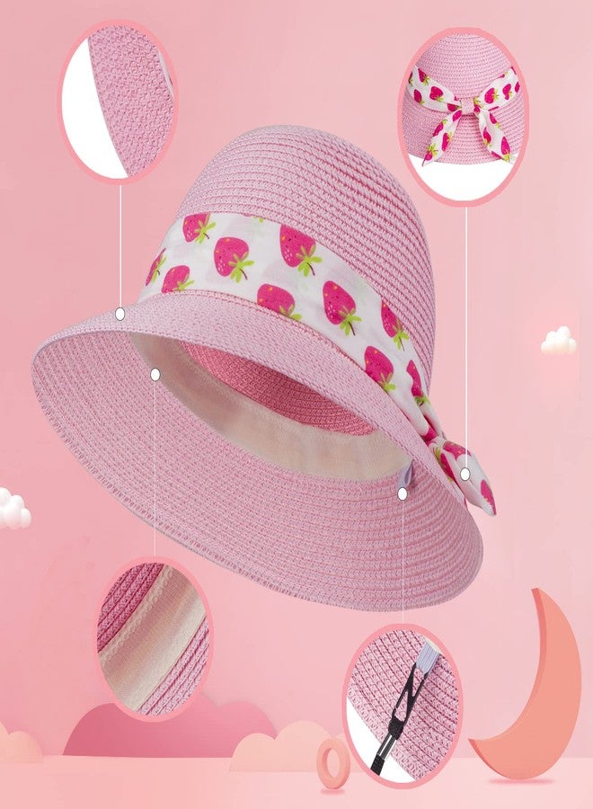 FENELY Girls Sun Straw Hat Kids Summer Beach Packable Hats Pink Cute Floppy Wide Brim UV Protection Cap Adjustable Size with Chin Strap for Toddler Baby Childrens Little Girl Ages 5 6 7 8 9 10 Years - Image 2