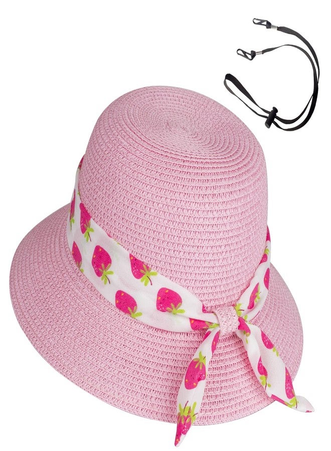 FENELY Girls Sun Straw Hat Kids Summer Beach Packable Hats Pink Cute Floppy Wide Brim UV Protection Cap Adjustable Size with Chin Strap for Toddler Baby Childrens Little Girl Ages 5 6 7 8 9 10 Years - Image 1