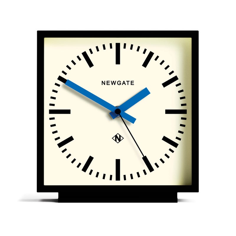 NEWGATE Amp Desk Clock  Square Station Design  Black case with Blue Hands  Modern Style for Desk Table Mantel Shelf or Bedside