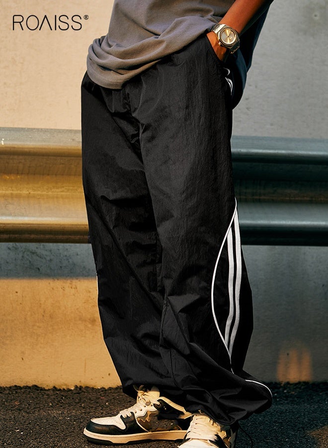 roaiss Wide Leg Striped Sports Pants for Men New Hip-Hop Trend Casual Straight Trousers Mens Retro Street Fashion Joggers Cinchable Trouser Legs Black Two Ways to Wear - Image 3
