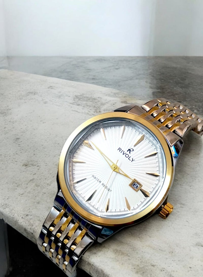 ريفولي ساعة يد للرجال من الستانلس ستيل بعرض انالوج وحركة كوارتز وعرض التاريخ، سهلة القراءة بتصميم عصري مقاوم للماء، ساعة يد كلاسيكية فاخرة بواجهة كبيرة - Image 1