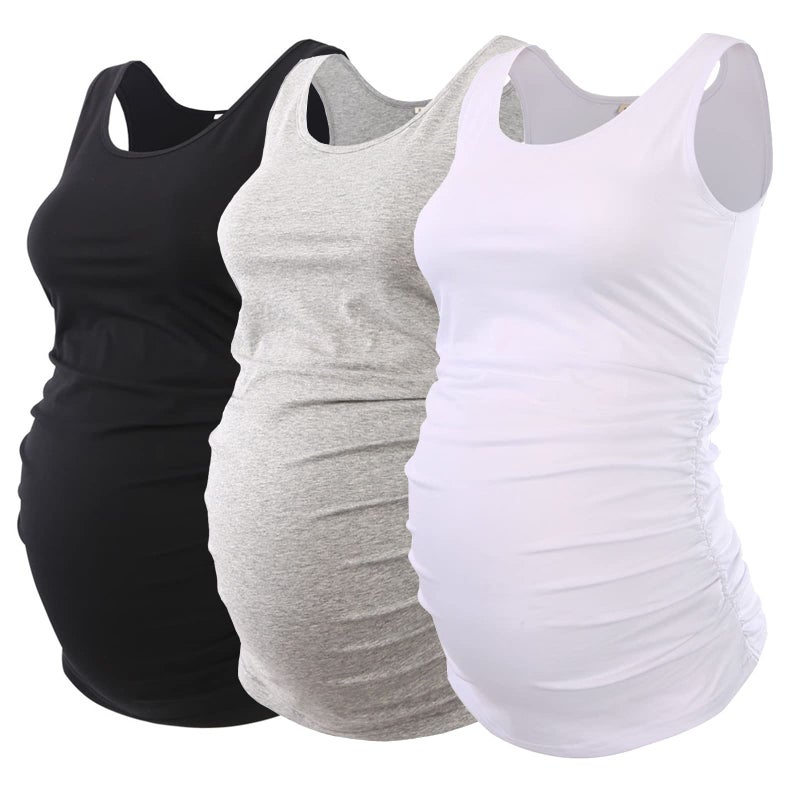 Ecavus 3PCS Womens Layering Maternity Tank Top Pregnancy Shirt Scoop Neck Sleeveless Ruched Vest L BlackWhiteGrey