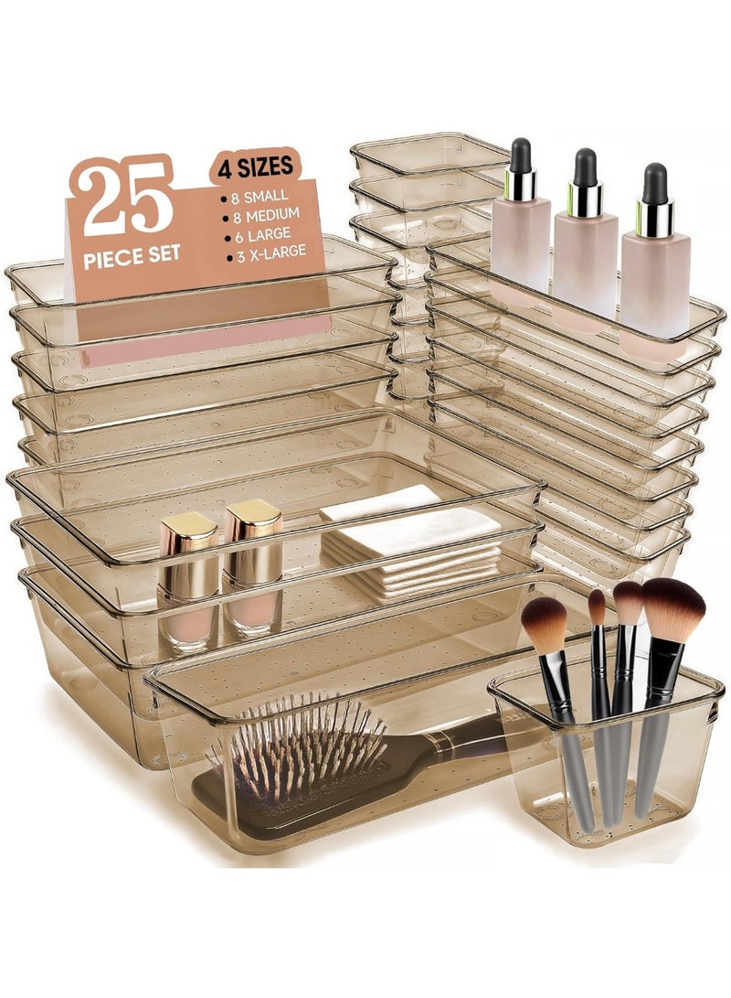 مجموعة منظمات أدراج مستوردة مكونة من 25 قطعة، بأربعة أحجام، لتنظيم أدوات التجميل، صناديق بلاستيكية شفافة لتنظيم وتخزين المكياج والمجوهرات والعديد من الأدوات الأخرى للمطبخ والحمام والمكتب وغرفة النوم - Image 1