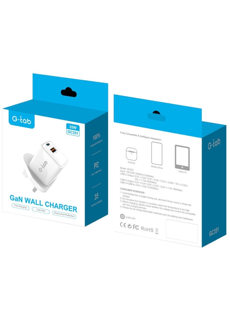 G-Tab GC351 35W GaN Fast Charging Wall Charger with Dual USB-C and USB-A Ports – High-Efficiency Fast Charger for Mobiles, Tablets, Earbuds, and More – Compact Design, Travel-Friendly, and Powerful  - Image 5