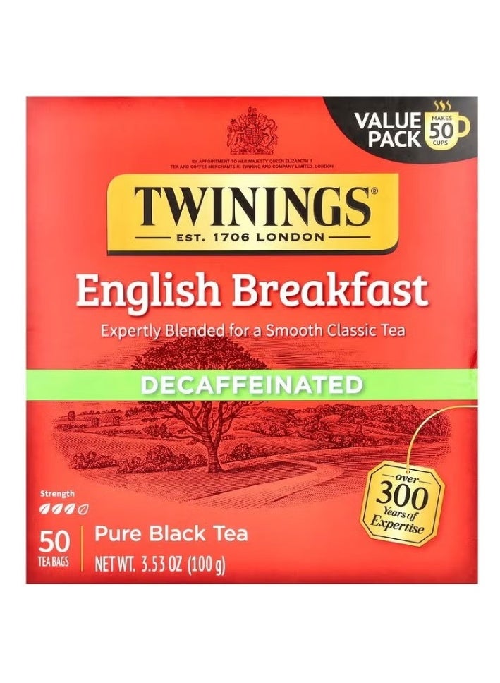 English Breakfast, Pure Black Tea, Decaffeinated, 50 Tea Bags, 3.53 oz (100 g)