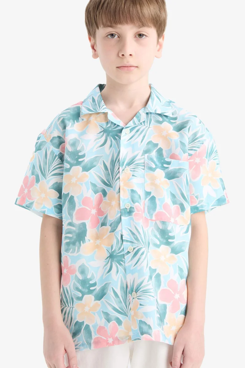 ديفاكتو Boy Oversize Polo Neck Patterned Cotton Shirt
