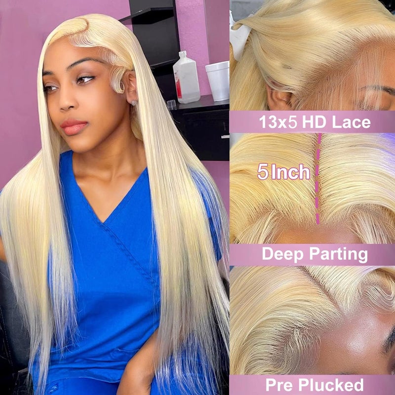Myecool 30 Inch 613 Lace Front Wig Human Hair 13x5 Straight 613 HD Lace Frontal Wig Human Hair Pre Plucked Bleached Knots for Women(30Inch, Blonde) - Image 2