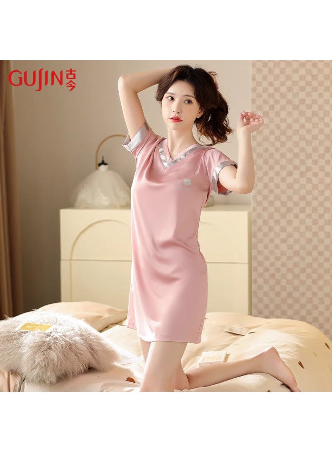 Gujin Summer New Arrival Light Luxury Ice Silk Nightdress Women's Pajamas Home Wear Can Be Worn Outside Imitation Silk Plus Size Cool Feeling - Image 1