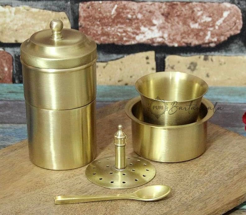 PURI - Brass/Pital South Indian Coffee Filter with DABARA Set and 1 Small Spoon - Matt Finish - 150 ml - Small - Image 2