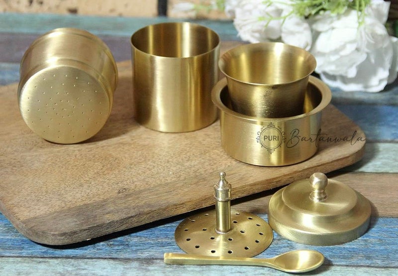 PURI - Brass/Pital South Indian Coffee Filter with DABARA Set and 1 Small Spoon - Matt Finish - 150 ml - Small - Image 3