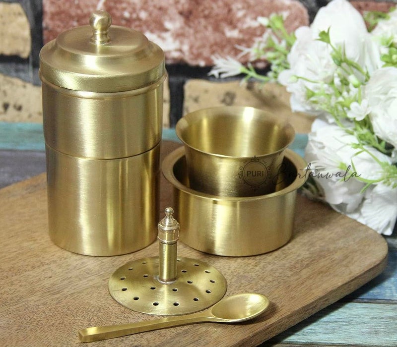 PURI - Brass/Pital South Indian Coffee Filter with DABARA Set and 1 Small Spoon - Matt Finish - 150 ml - Small - Image 1