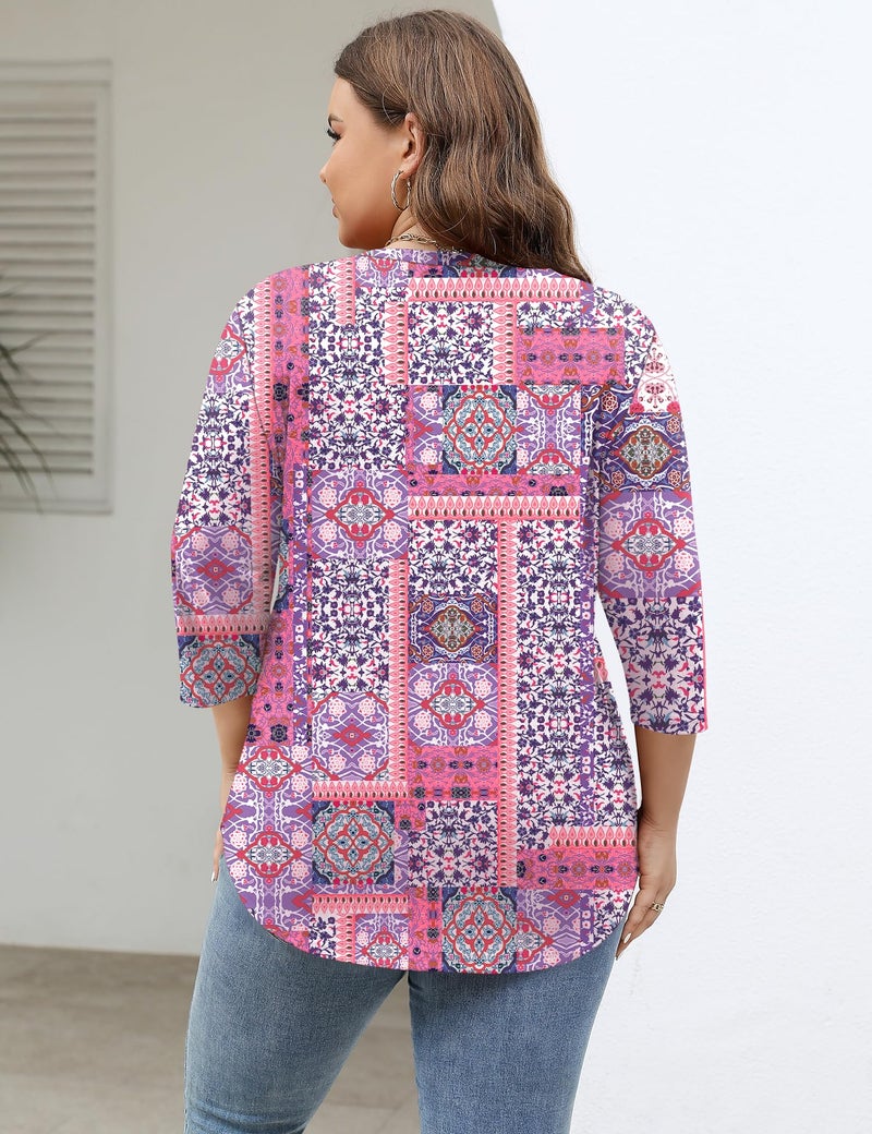 TFSDOD Plus Size Tops for Women Summer 3/4 Sleeve Shirts for Women Cotton V Neck Blouses Pink Boho 3XL - Image 3