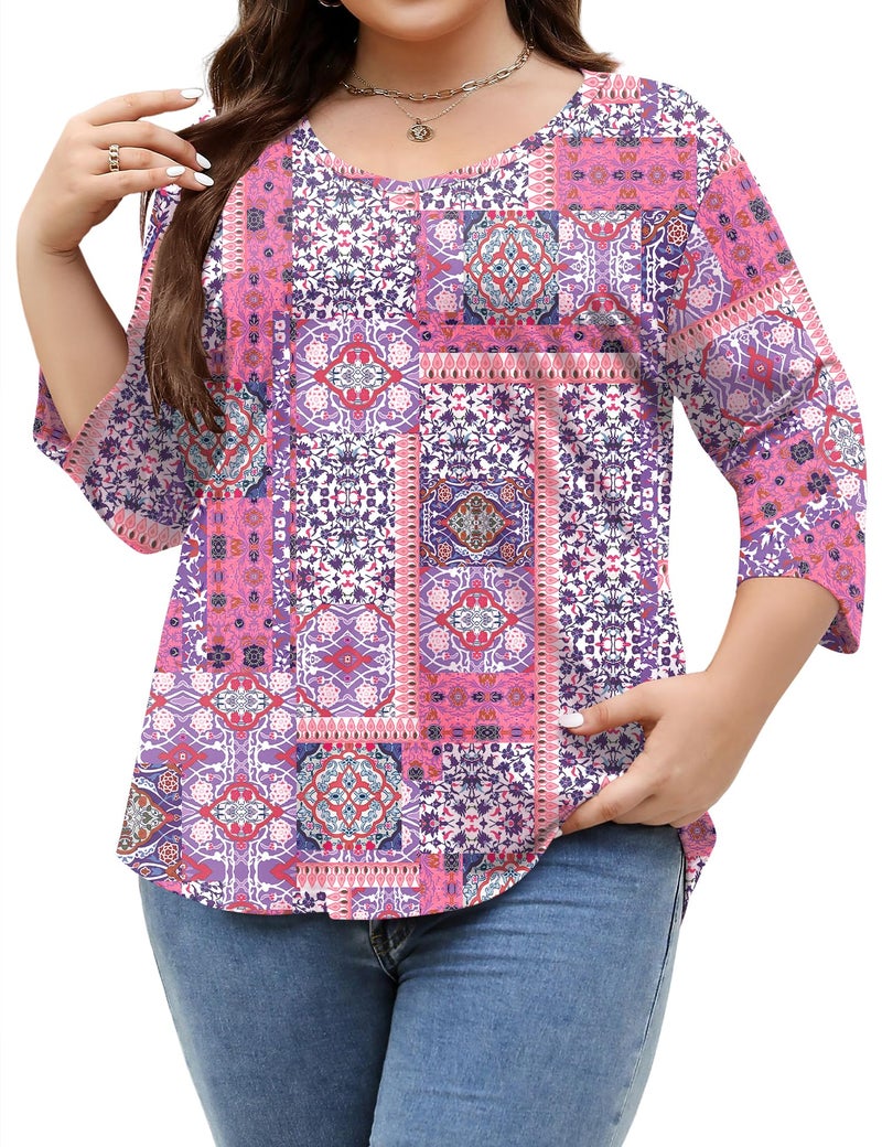 TFSDOD Plus Size Tops for Women Summer 3/4 Sleeve Shirts for Women Cotton V Neck Blouses Pink Boho 3XL - Image 2