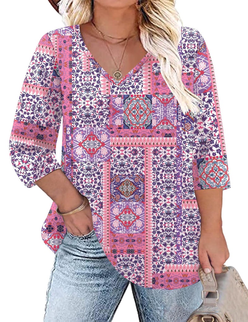 TFSDOD Plus Size Tops for Women Summer 3/4 Sleeve Shirts for Women Cotton V Neck Blouses Pink Boho 3XL - Image 1