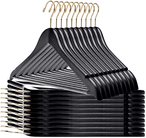 Quality Hangers Quality Black Wooden Hangers - Slightly Curved Hanger Set of 20-Pack - Solid Wood Coat Hangers with Stylish Chrome Hooks - Heavy-Duty Clothes, Jacket, Shirt, Pants, Suit Hangers (Black-Gold Hook, 20) - Image 1
