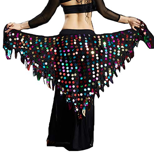 Lauthen.S Women Belly Dance Hip Scarf Sequins Mesh Triangle Wrap Skirt Waist Chain(Black) - Image 5