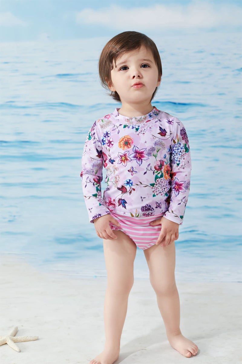 UMELOK Little Girls' Rash Guard Sets Swimwear 2-Pieces Long Sleeve Swimsuit Sets Pink, Hydrangea 6Y - Image 2