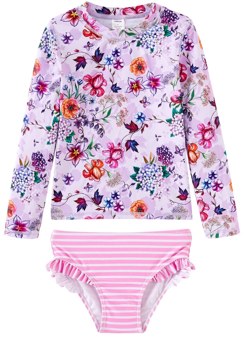 UMELOK Little Girls' Rash Guard Sets Swimwear 2-Pieces Long Sleeve Swimsuit Sets Pink, Hydrangea 6Y - Image 1