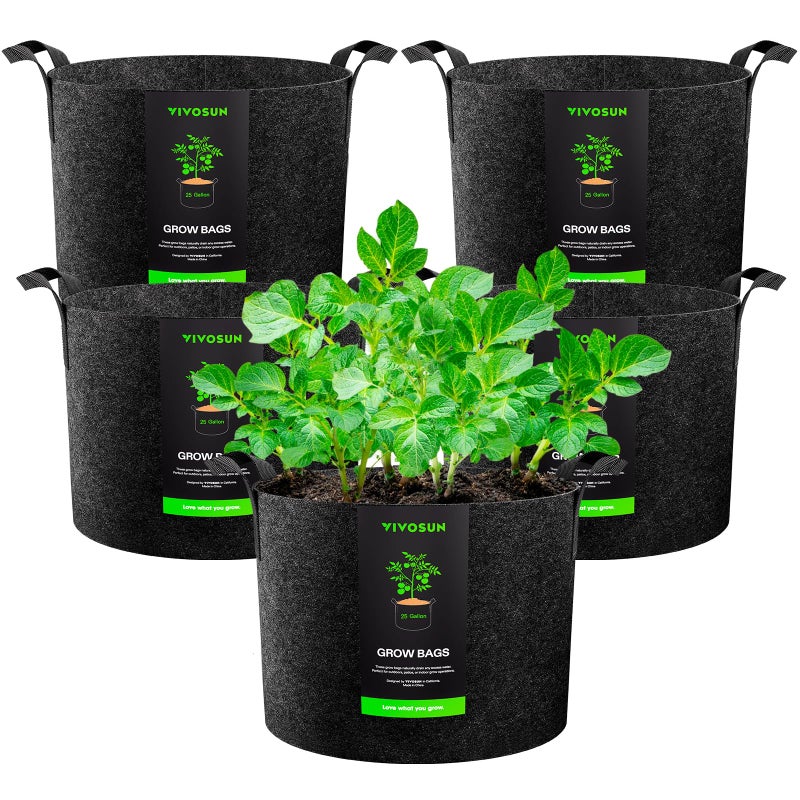 VIVOSUN 5-Pack 25 Gallon Plant Grow Bags, Heavy Duty Thickened Nonwoven Fabric Pots with Handles - Image 1