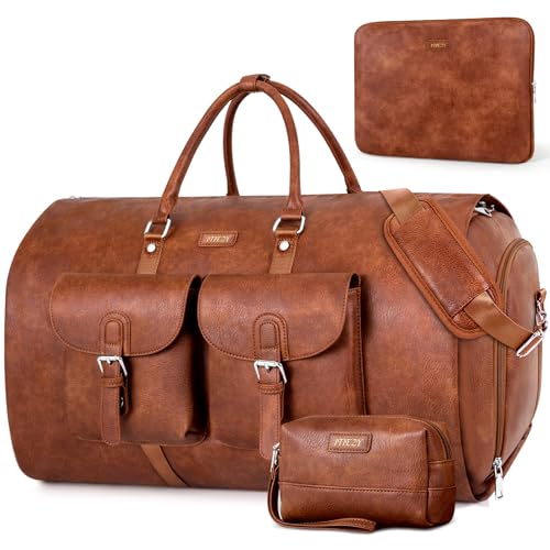 ITIEZY Garment Bag for Travel, Convertible Carry on Garment Duffel Bag for Men 3Pcs, Faux Leather Waterproof Large Weekender Bag for Men 2 in 1 Hanging Suitcase Suit Dress Business Travel Bag - Image 1