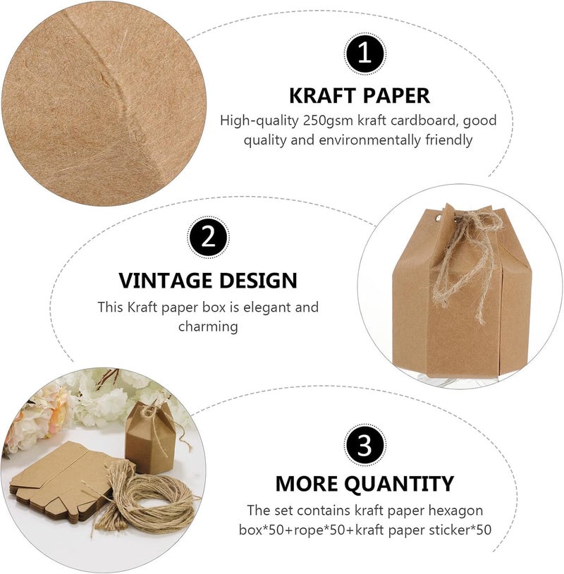 VERDANVERSE 50pcs Hexagon Kraft Paper Candy Boxes with Twine and Stickers, Wedding Favor Wrapping Boxes for Party Packaging and Candy Presentation - Image 3