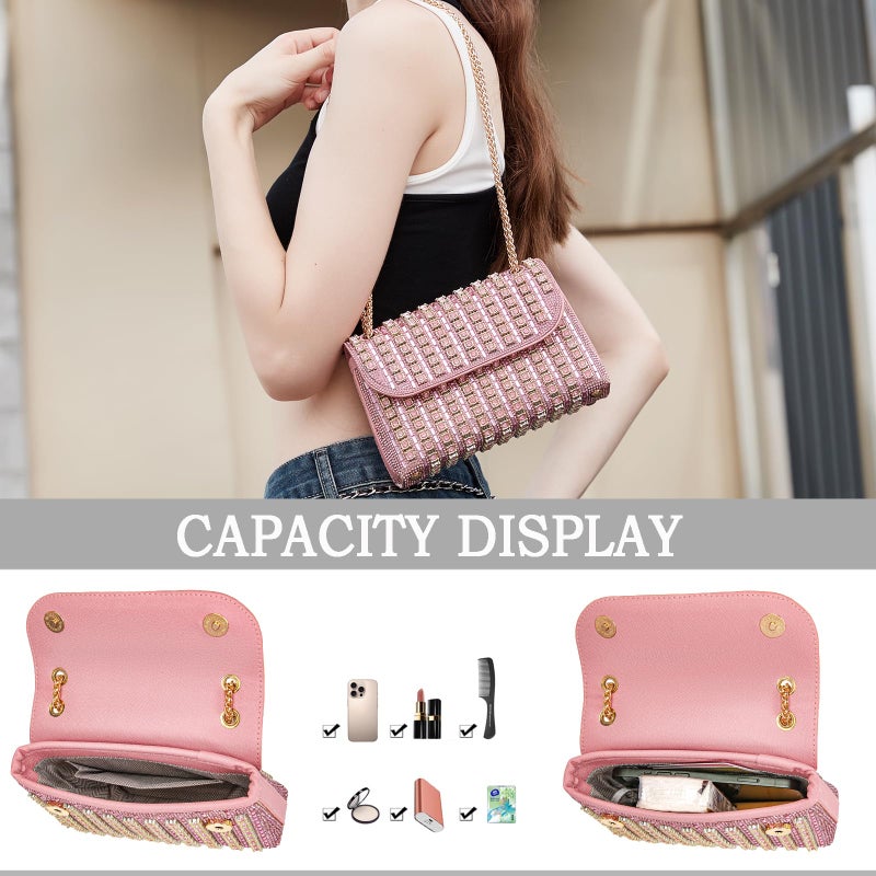 BBTT.ful Rhinestone Evening Handbags for Women Shoulder Bags Crossbody Bag Bling Bling Crystals Clutch Purse with Chain (Pink) - Image 3
