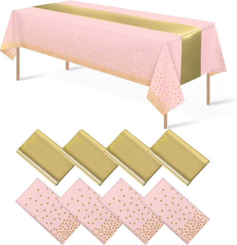 MASHAN 8Pack Disposable Plastic Tablecloths and Satin Table Runner Set Pink and Gold Dot Tablecloth Gold Satin Table Runner for Wedding Birthday Baby Shower Anniversary Christmas New Year Party Supplies - Image 1