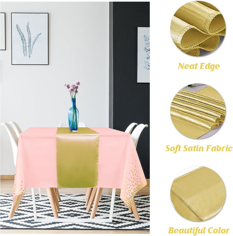 MASHAN 8Pack Disposable Plastic Tablecloths and Satin Table Runner Set Pink and Gold Dot Tablecloth Gold Satin Table Runner for Wedding Birthday Baby Shower Anniversary Christmas New Year Party Supplies - Image 3