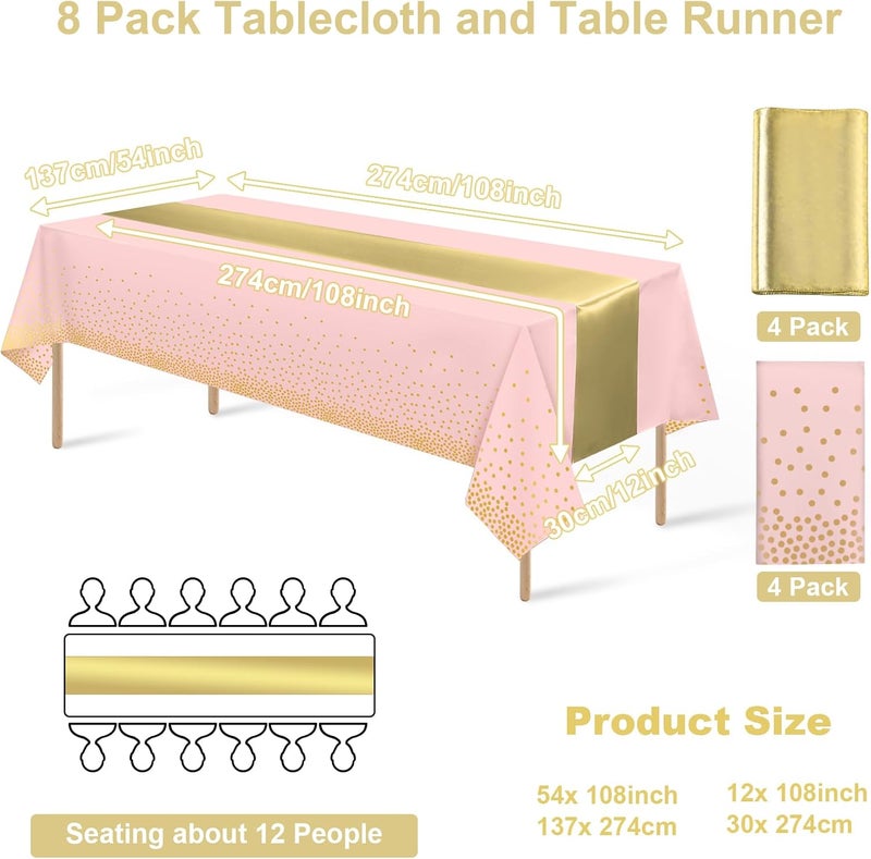 MASHAN 8Pack Disposable Plastic Tablecloths and Satin Table Runner Set Pink and Gold Dot Tablecloth Gold Satin Table Runner for Wedding Birthday Baby Shower Anniversary Christmas New Year Party Supplies - Image 2