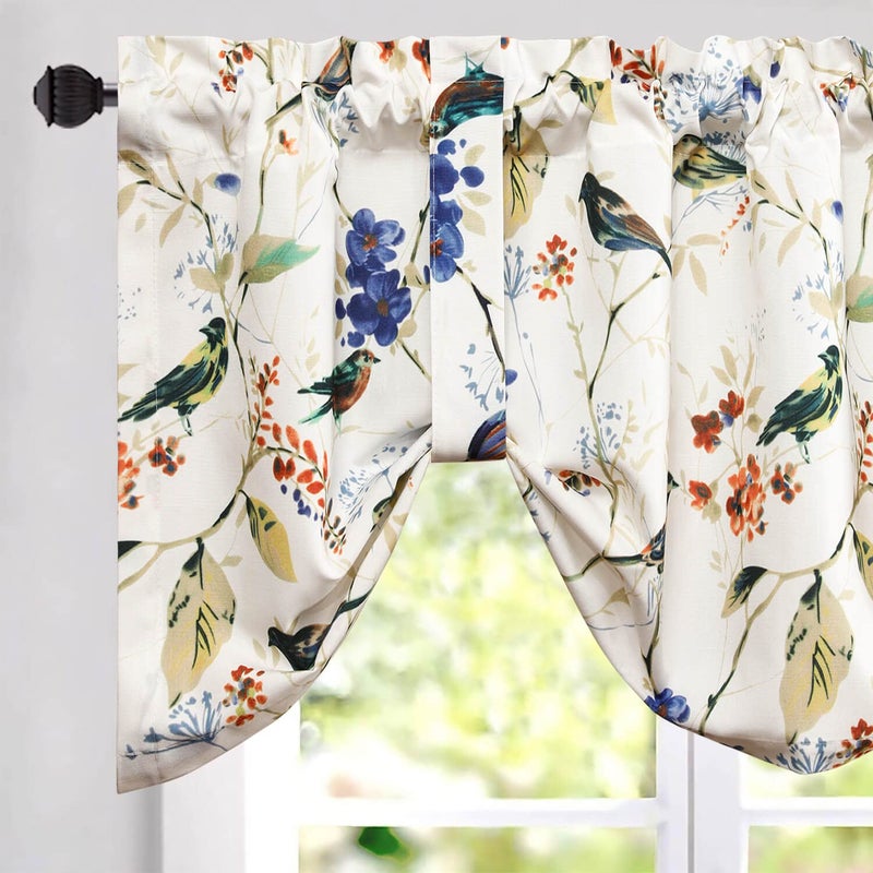 VOGOL Tie Up Valances for Bathroom, Blue Birds and Floral Print Tie Up Shades for Windows Rod Pocket Valances for Cafe, 52 x 18, One Piece - Image 1