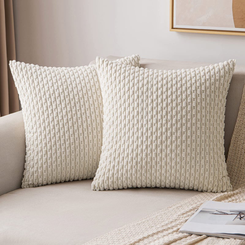 MIULEE MIULEE Throw Pillow Covers Soft Corduroy Decorative Set of 2 Boho Striped Pillow Covers Pillowcases Farmhouse Home Decor for Christmas Couch Bed Sofa Living Room 20x20 Inch Cream White - Image 1