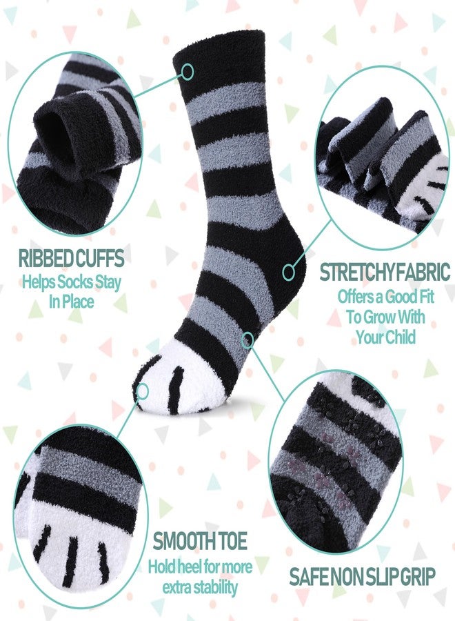 LINEMIN Kids Fuzzy Socks Boys Girls with Grips Non Slip Slipper Socks Cozy Fluffy Winter Warm Crew Socks 6 Pairs (Cat Paw, 8-12 Years) - Image 4